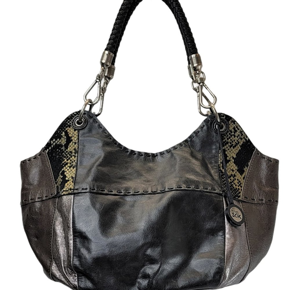 SAK Purse Satchel Hobo HandBag Black & Brown Leather Patchwork, Slip Exterior